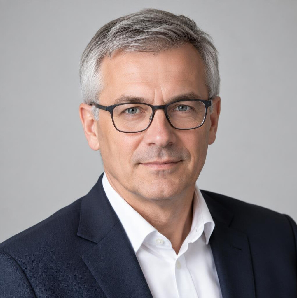 Studio portrait of a European man with glasses