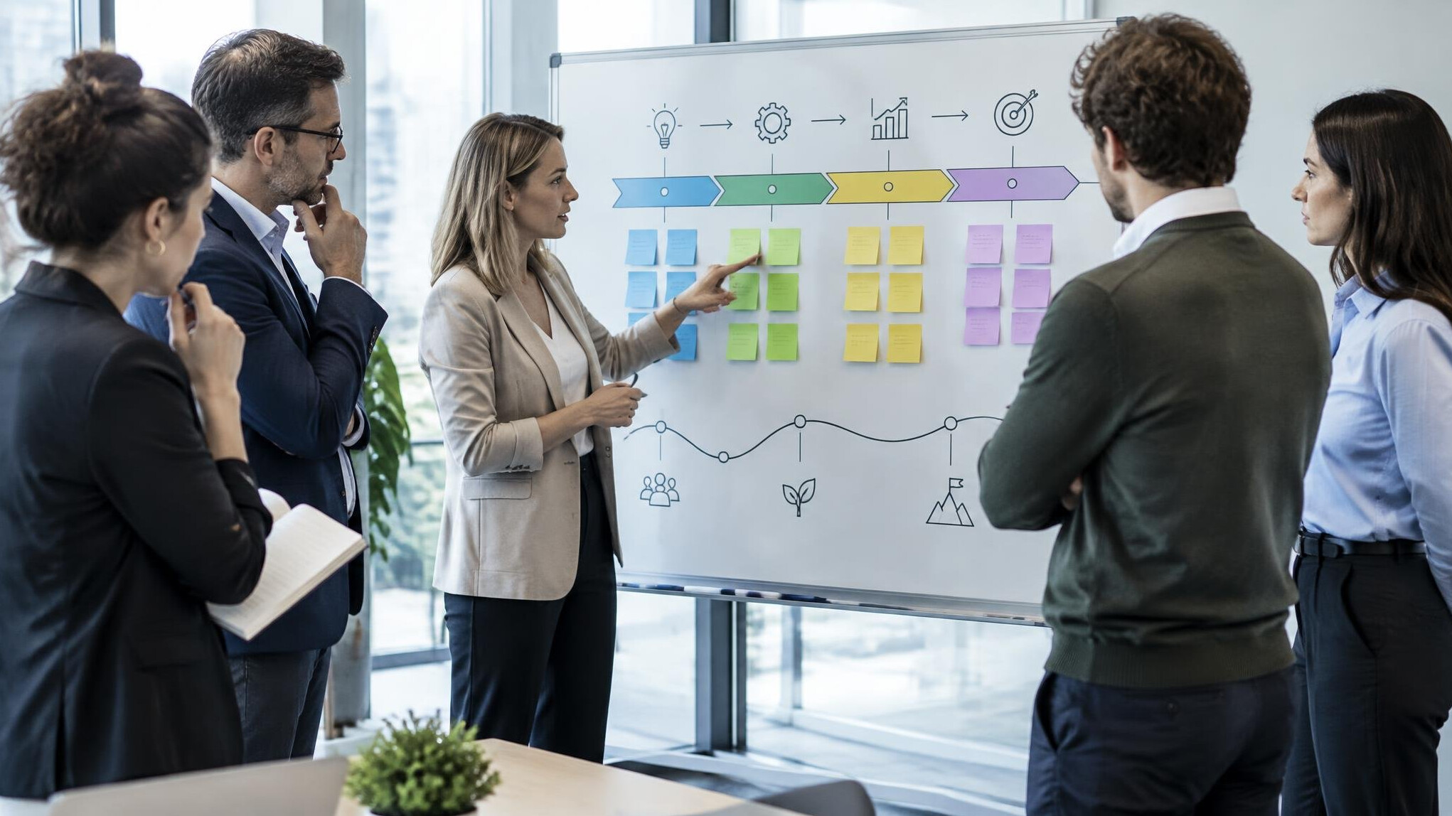 Leadership team reviewing a strategic roadmap on a whiteboard