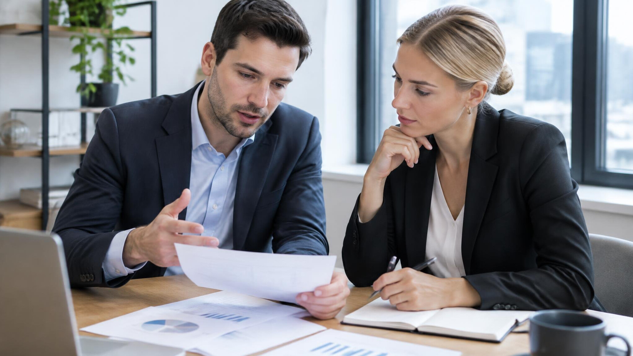Two colleagues discussing notes during a strategy session
